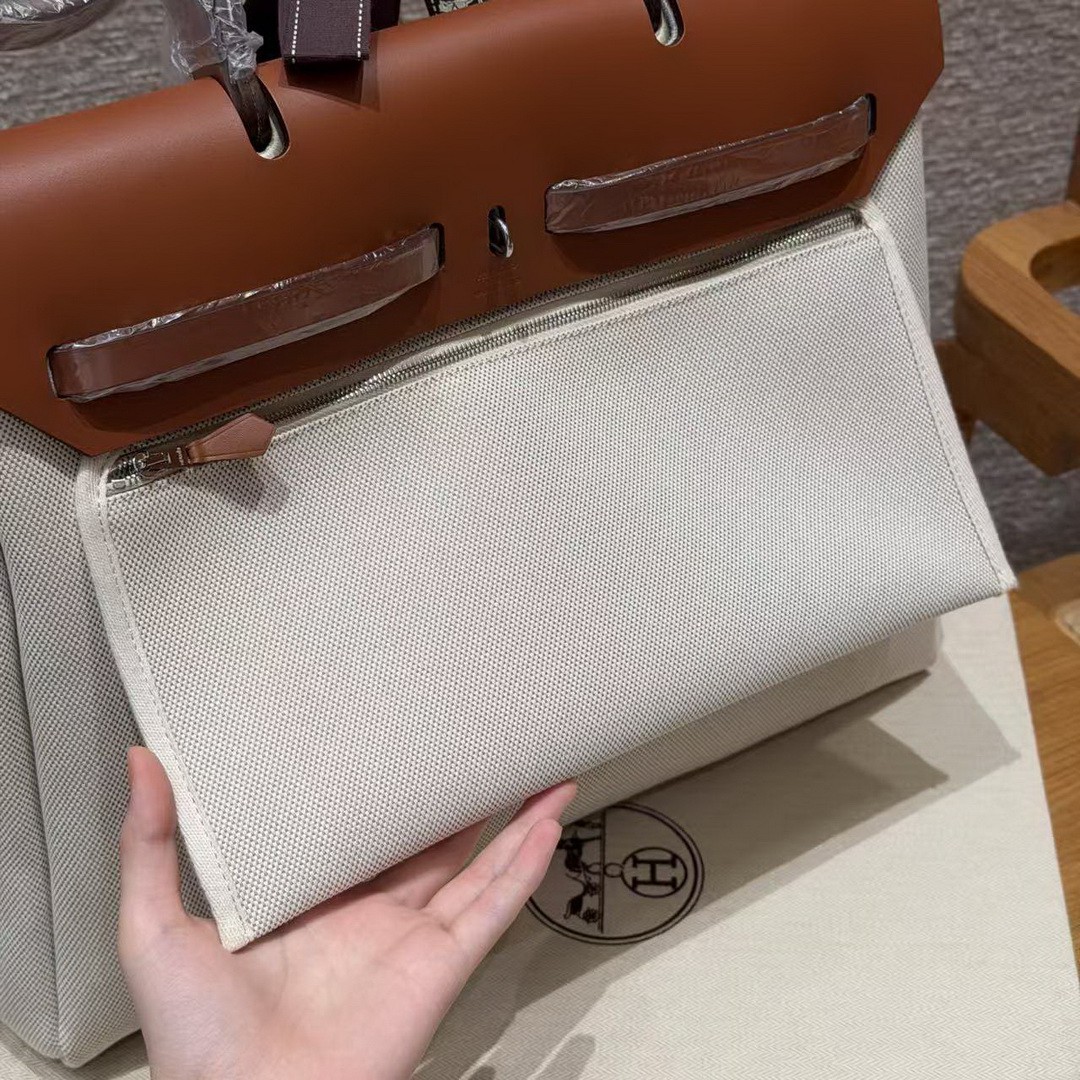 Hermes Herbag Messenger 39 Bag 10 Craie 37 Gold Handmade In H Viking Canvas and Hunter Cowhide Silver Hardware - Image 6