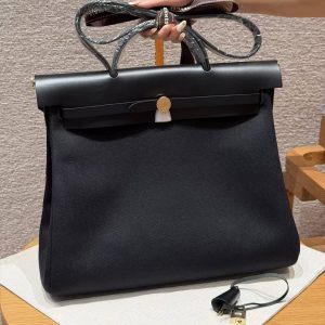 Herbag Messenger 39 Bag Noir Handmade In Canvas and Hunter Cowhide Gold Hardware 01