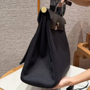 Hermes Herbag Messenger 39 Bag Noir Handmade In Militaire Canvas and Hunter Cowhide Gold Hardware - Image 22