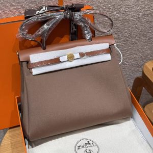 Hermes Herbag Zip 31 Bag Retourne 18 Etoupe 37 Gold Handmade In Canvas and Hunter Cowhide Gold Hardware