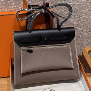 Hermes Herbag Zip 31 Bag Retourne 18 Etoupe 89 Noir Handmade In Canvas and Hunter Cowhide Silver Hardware - Image 2
