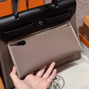 Hermes Herbag Zip 31 Bag Retourne 18 Etoupe 89 Noir Handmade In Canvas and Hunter Cowhide Silver Hardware - Image 9