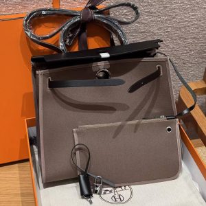 Hermes Herbag Zip 31 Bag Retourne 18 Etoupe 89 Noir Handmade In Canvas and Hunter Cowhide Silver Hardware - Image 3
