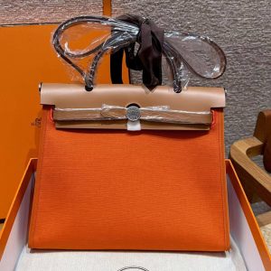 Hermes Herbag Zip 31 Bag Retourne 37 Gold 93 Orange Handmade In Militaire Canvas and Hunter Cowhide Silver Hardware