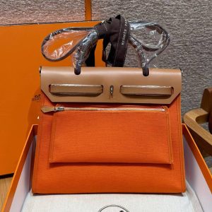 Hermes Herbag Zip 31 Bag Retourne 37 Gold 93 Orange Handmade In Militaire Canvas and Hunter Cowhide Silver Hardware - Image 2