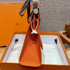 Hermes Herbag Zip 31 Bag Retourne 37 Gold 93 Orange Handmade In Militaire Canvas and Hunter Cowhide Silver Hardware - Image 17