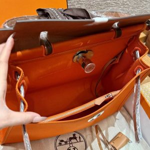 Hermes Herbag Zip 31 Bag Retourne 37 Gold 93 Orange Handmade In Militaire Canvas and Hunter Cowhide Silver Hardware - Image 13