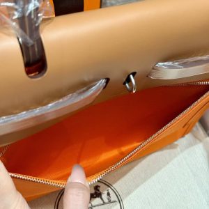 Hermes Herbag Zip 31 Bag Retourne 37 Gold 93 Orange Handmade In Militaire Canvas and Hunter Cowhide Silver Hardware - Image 5