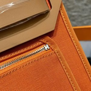 Hermes Herbag Zip 31 Bag Retourne 37 Gold 93 Orange Handmade In Militaire Canvas and Hunter Cowhide Silver Hardware - Image 4