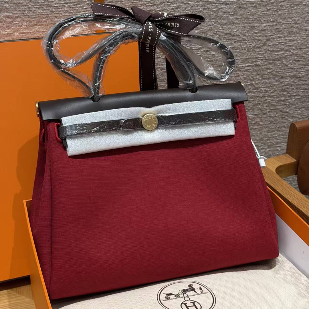 Hermes Herbag Zip 31 Bag Retourne 46 Ebene 55 Rouge H Handmade In Canvas and Hunter Cowhide Silver Hardware