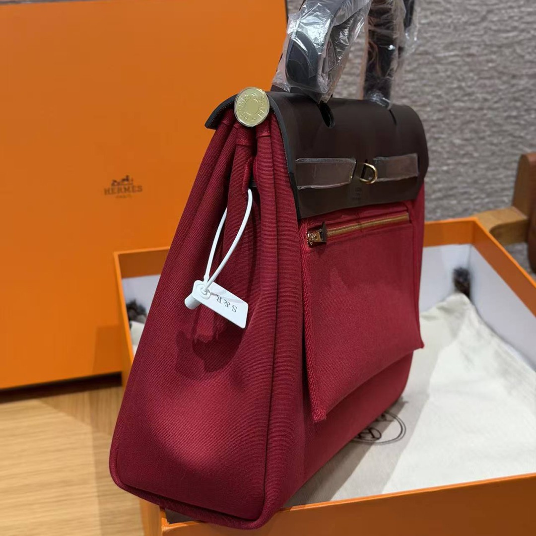 Hermes Herbag Zip 31 Bag Retourne 46 Ebene 55 Rouge H Handmade In Canvas and Hunter Cowhide Silver Hardware - Image 20