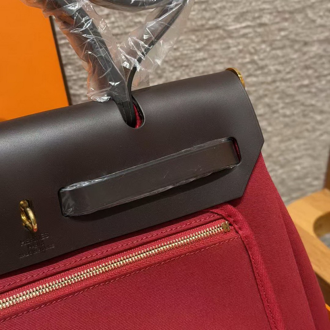 Hermes Herbag Zip 31 Bag Retourne 46 Ebene 55 Rouge H Handmade In Canvas and Hunter Cowhide Silver Hardware - Image 10