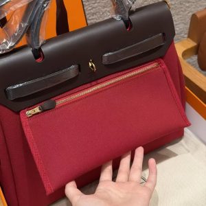 Hermes Herbag Zip 31 Bag Retourne 46 Ebene 55 Rouge H Handmade In Canvas and Hunter Cowhide Silver Hardware - Image 8
