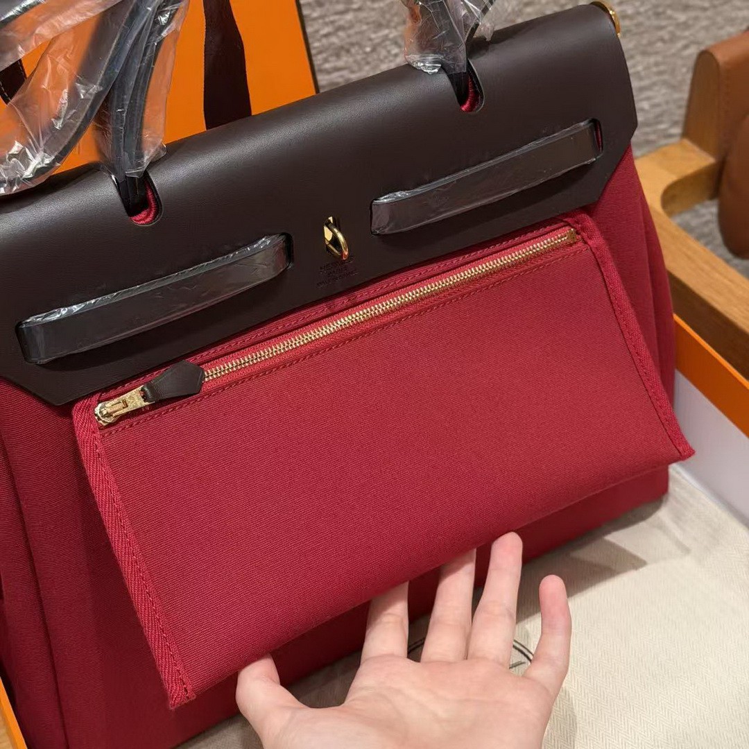 Hermes Herbag Zip 31 Bag Retourne 46 Ebene 55 Rouge H Handmade In Canvas and Hunter Cowhide Silver Hardware - Image 8