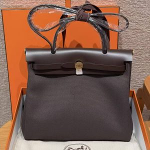 Hermes Herbag Zip 31 Bag Retourne 46 Ebene Handmade In Canvas and Hunter Cowhide Gold Hardware