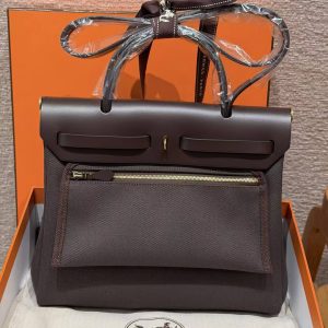 Hermes Herbag Zip 31 Bag Retourne 46 Ebene Handmade In Canvas and Hunter Cowhide Gold Hardware - Image 2