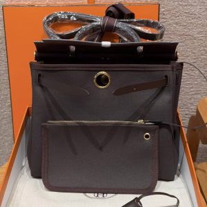 Hermes Herbag Zip 31 Bag Retourne 46 Ebene Handmade In Canvas and Hunter Cowhide Gold Hardware - Image 14