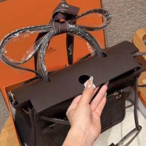 Hermes Herbag Zip 31 Bag Retourne 46 Ebene Handmade In Canvas and Hunter Cowhide Gold Hardware - Image 13