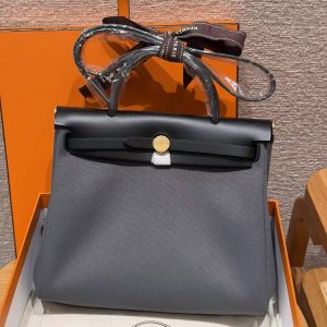 Hermes Herbag Zip 31 Bag Retourne 85 Ardoise 89 Noir Handmade In Canvas and Hunter Cowhide Gold Hardware
