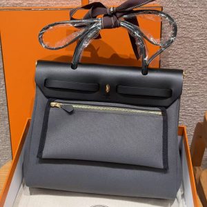 Hermes Herbag Zip 31 Bag Retourne 85 Ardoise 89 Noir Handmade In Canvas and Hunter Cowhide Gold Hardware - Image 2