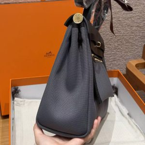 Hermes Herbag Zip 31 Bag Retourne 85 Ardoise 89 Noir Handmade In Canvas and Hunter Cowhide Gold Hardware - Image 21