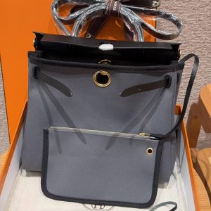 Hermes Herbag Zip 31 Bag Retourne 85 Ardoise 89 Noir Handmade In Canvas and Hunter Cowhide Gold Hardware - Image 14
