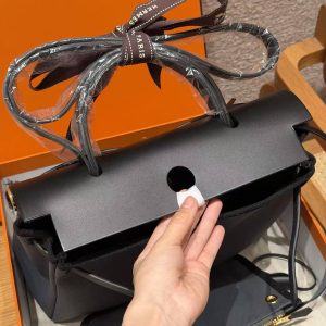 Hermes Herbag Zip 31 Bag Retourne 85 Ardoise 89 Noir Handmade In Canvas and Hunter Cowhide Gold Hardware - Image 13
