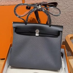 Hermes Herbag Zip 31 Bag Retourne 85 Ardoise 89 Noir Handmade In Canvas and Hunter Cowhide Silver Hardware