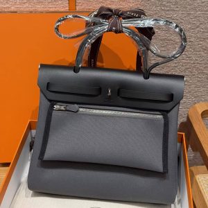 Hermes Herbag Zip 31 Bag Retourne 85 Ardoise 89 Noir Handmade In Canvas and Hunter Cowhide Silver Hardware - Image 2