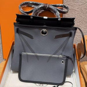Hermes Herbag Zip 31 Bag Retourne 85 Ardoise 89 Noir Handmade In Canvas and Hunter Cowhide Silver Hardware - Image 13