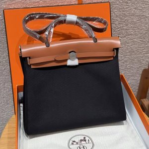 Hermes Herbag Zip 31 Bag Retourne 89 Nior Fauve Handmade In Canvas and Hunter Cowhide Silver Hardware