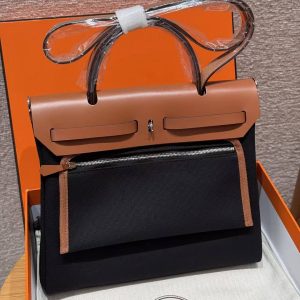 Hermes Herbag Zip 31 Bag Retourne 89 Nior Fauve Handmade In Canvas and Hunter Cowhide Silver Hardware - Image 2