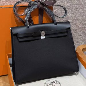 Hermes Herbag Zip 31 Bag Retourne 89 Noir Handmade In Canvas and Hunter Cowhide Silver Hardware