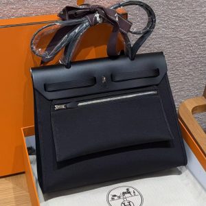 Hermes Herbag Zip 31 Bag Retourne 89 Noir Handmade In Canvas and Hunter Cowhide Silver Hardware - Image 2