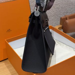 Hermes Herbag Zip 31 Bag Retourne 89 Noir Handmade In Canvas and Hunter Cowhide Silver Hardware - Image 16