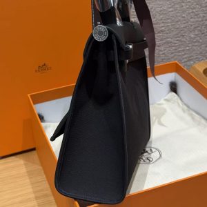 Hermes Herbag Zip 31 Bag Retourne 89 Noir Handmade In Canvas and Hunter Cowhide Silver Hardware - Image 15