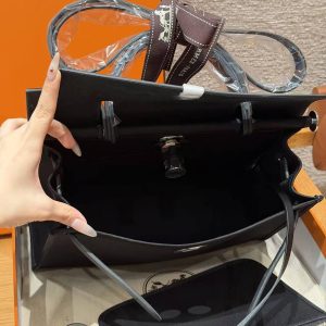 Hermes Herbag Zip 31 Bag Retourne 89 Noir Handmade In Canvas and Hunter Cowhide Silver Hardware - Image 13