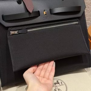 Hermes Herbag Zip 31 Bag Retourne 89 Noir Handmade In Canvas and Hunter Cowhide Silver Hardware - Image 11