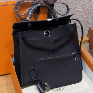 Hermes Herbag Zip 31 Bag Retourne 89 Noir Handmade In Canvas and Hunter Cowhide Silver Hardware - Image 9