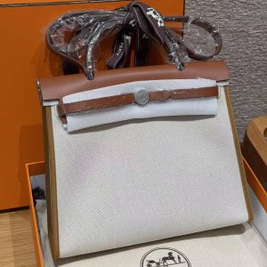 Hermes Herbag Zip 31 Bag Retourne Béton 37 Gold Handmade In Canvas and Hunter Cowhide Silver Hardware