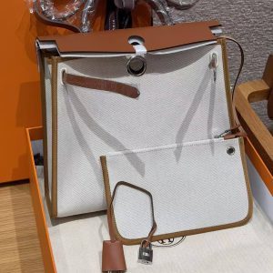 Hermes Herbag Zip 31 Bag Retourne Béton 37 Gold Handmade In Canvas and Hunter Cowhide Silver Hardware - Image 12