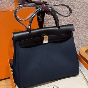 Hermes Herbag Zip 31 Bag Retourne Blue Presse Noir Handmade In Canvas and Hunter Cowhide Silver Hardware