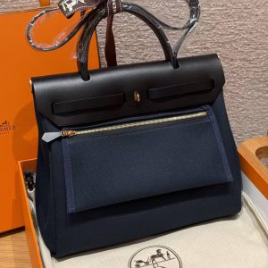 Hermes Herbag Zip 31 Bag Retourne Blue Presse Noir Handmade In Canvas and Hunter Cowhide Silver Hardware - Image 2