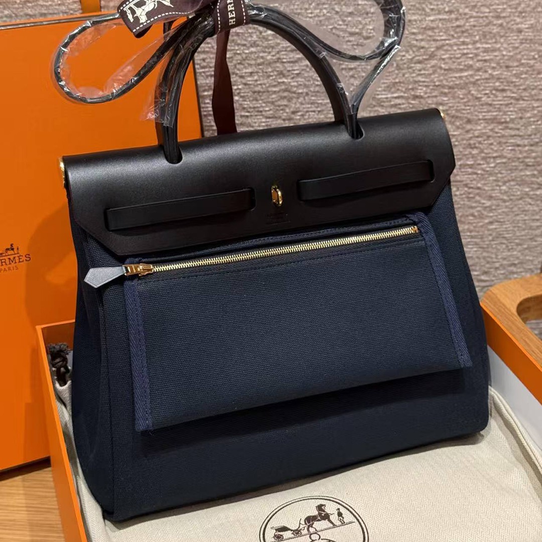 Hermes Herbag Zip 31 Bag Retourne Blue Presse Noir Handmade In Canvas and Hunter Cowhide Silver Hardware - Image 2