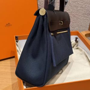 Hermes Herbag Zip 31 Bag Retourne Blue Presse Noir Handmade In Canvas and Hunter Cowhide Silver Hardware - Image 21