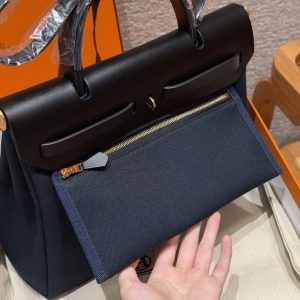 Hermes Herbag Zip 31 Bag Retourne Blue Presse Noir Handmade In Canvas and Hunter Cowhide Silver Hardware - Image 19