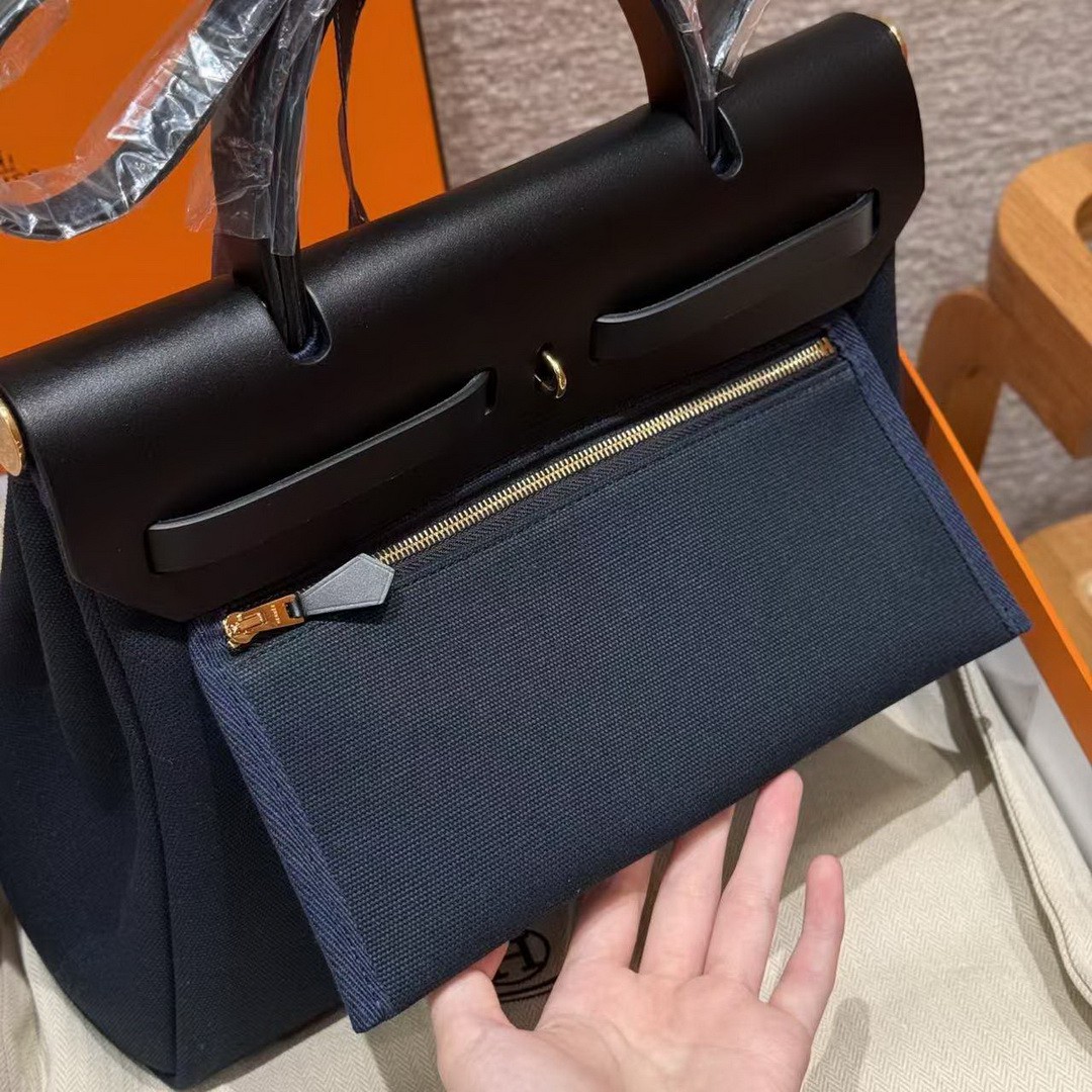 Hermes Herbag Zip 31 Bag Retourne Blue Presse Noir Handmade In Canvas and Hunter Cowhide Silver Hardware - Image 19