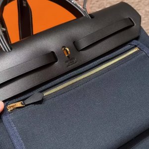 Hermes Herbag Zip 31 Bag Retourne Blue Presse Noir Handmade In Canvas and Hunter Cowhide Silver Hardware - Image 18