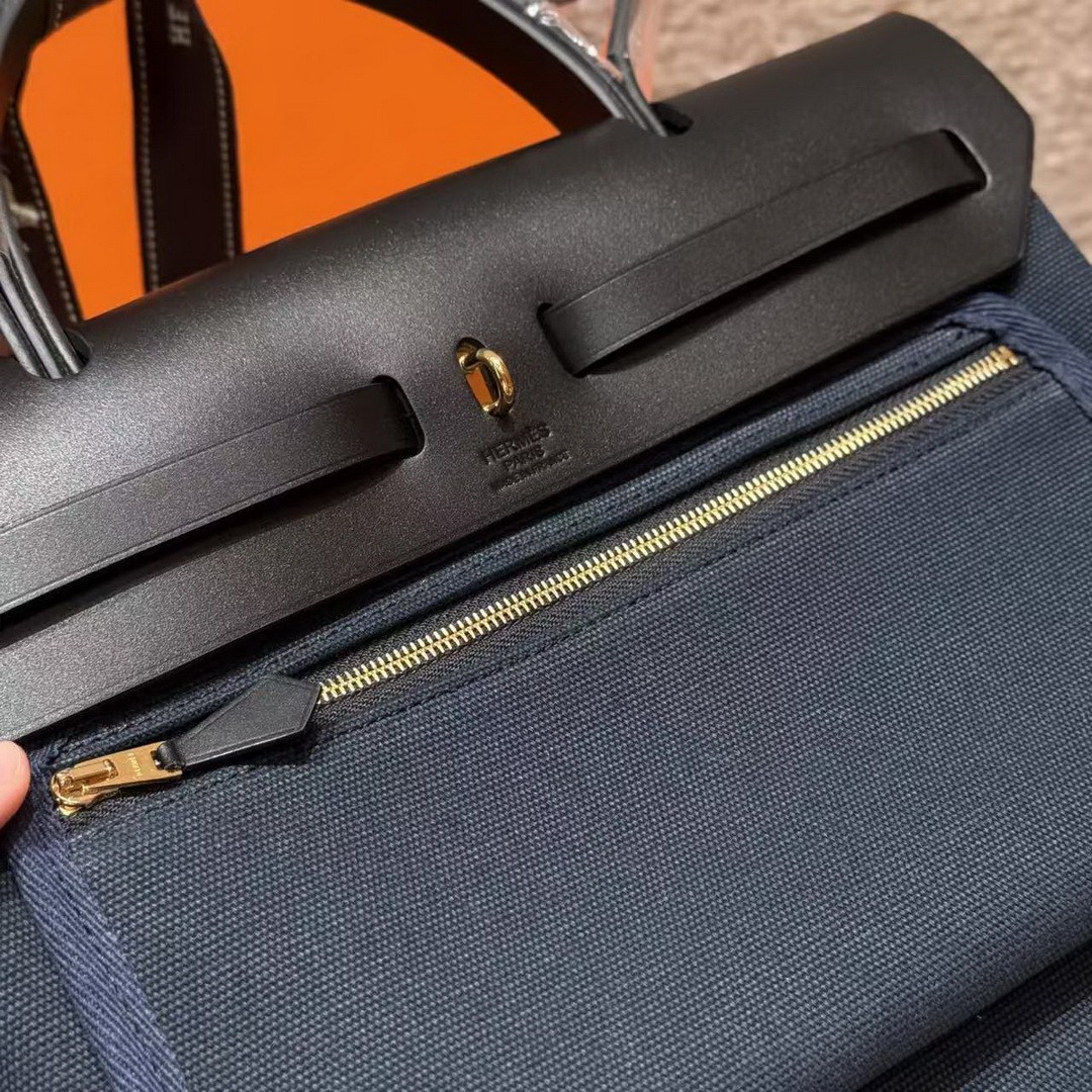 Hermes Herbag Zip 31 Bag Retourne Blue Presse Noir Handmade In Canvas and Hunter Cowhide Silver Hardware - Image 18