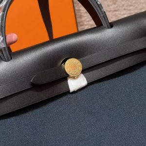 Hermes Herbag Zip 31 Bag Retourne Blue Presse Noir Handmade In Canvas and Hunter Cowhide Silver Hardware - Image 15